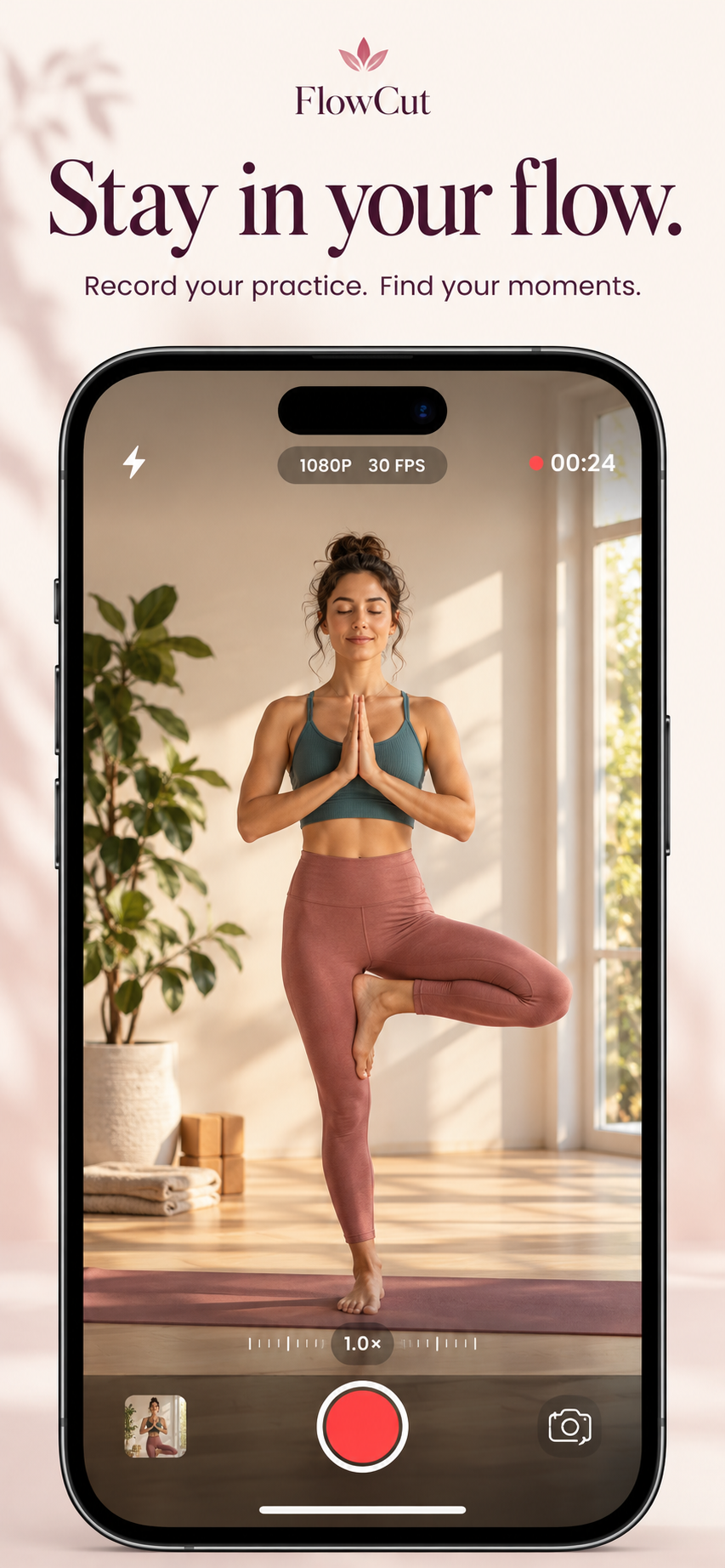 Illustrative FlowCut recording screen with a yoga practitioner in tree pose